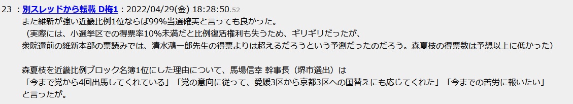 また維新が強い近畿比例1位ならば99%当選確実と言っても良かった。(実際には、小選挙区での得票率10%未満だと比例復活権利も失うため、ギリギリだったが、衆院選前の維新本部の票読みでは、清水鴻一郎先生の得票よりは超えるだろうという予測だったのだろう。森夏枝の得票数は予想以上に低かった)森夏枝を近畿比例ブロック名簿1位にした理由について、馬場信幸 幹事長(堺市選出)は「今まで党から4回出馬してくれている」「党の意向に従って、愛媛3区から京都3区への国替えにも応じてくれた」「今までの苦労に報いたい」と言ったが また維新が強い近畿比例1位ならば99%当選確実と言っても良かった。(実際には、小選挙区での得票率10%未満だと比例復活権利も失うため、ギリギリだったが、衆院選前の維新本部の票読みでは、清水鴻一郎先生の得票よりは超えるだろうという予測だったのだろう。森夏枝の得票数は予想以上に低かった)森夏枝を近畿比例ブロック名簿1位にした理由について、馬場信幸 幹事長(堺市選出)は「今まで党から4回出馬してくれている」「党の意向に従って、愛媛3区から京都3区への国替えにも応じてくれた」「今までの苦労に報いたい」と言ったが